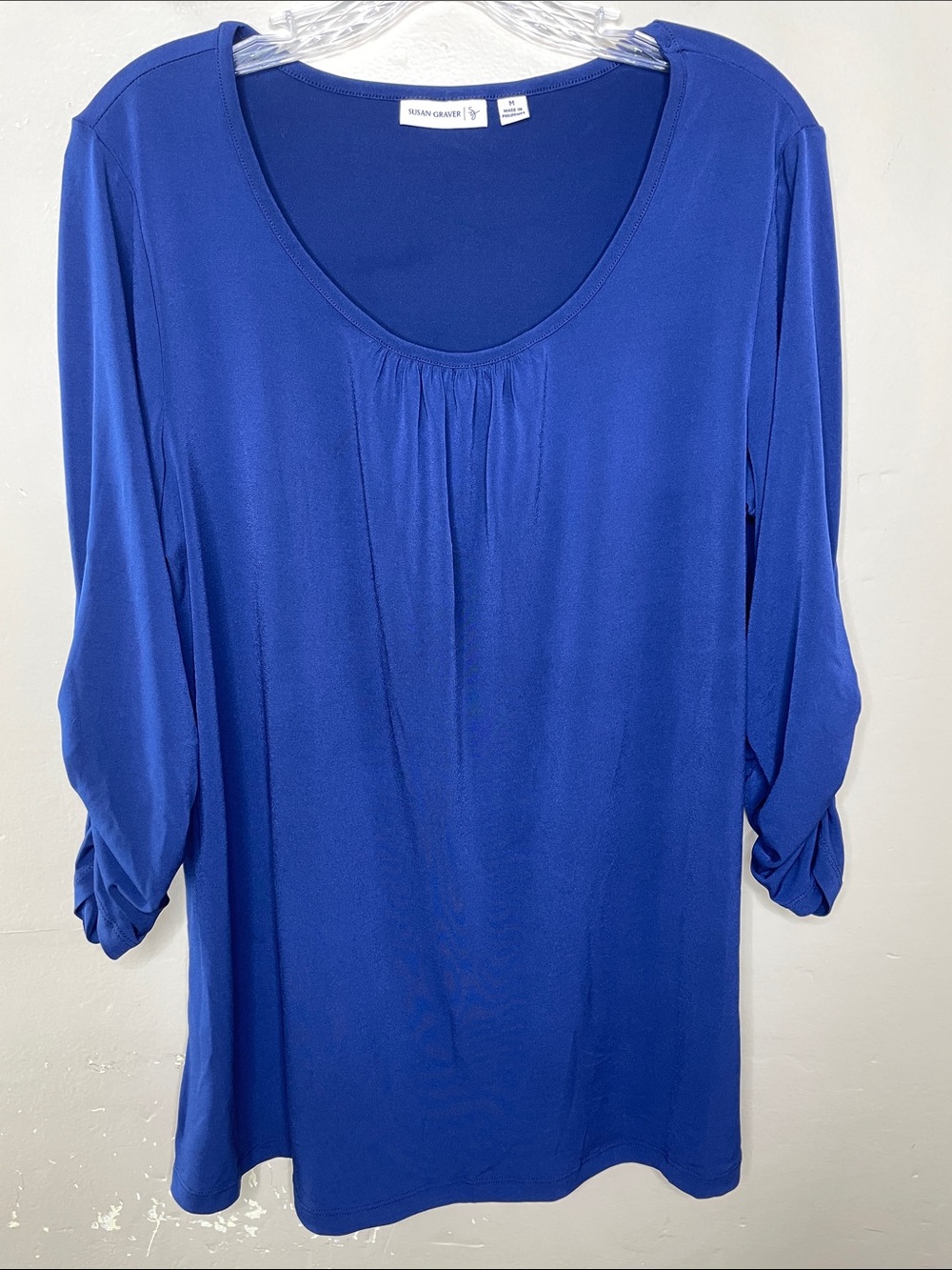 SUSAN GRAVER Navy Blue Liquid Knit Ruched Sleeve Comfortable Tunic Top Medium